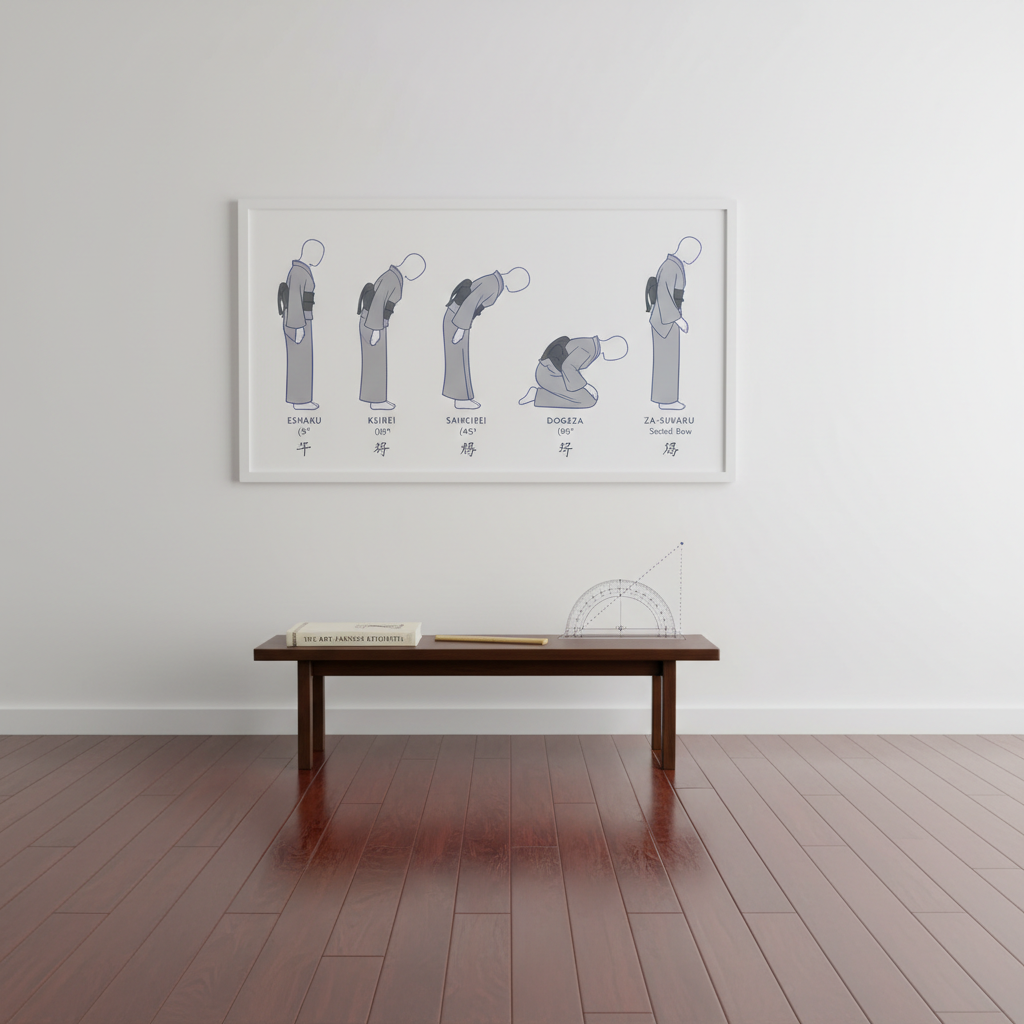 A polished dark wood floor stretching toward a simple white wall-mounted chart that illustrates Japanese bowing etiquette using stylized silhouettes of traditional clothing on featureless mannequins, each frozen at a precise angle with clear labels beneath. A low wooden bench in the foreground holds a hardcover guidebook, a small bamboo ruler, and a protractor placed neatly to suggest measurement of posture. Diffused studio lighting creates even, shadow-free illumination, ideal for learning. Photographic realism with a slightly elevated angle and sharp focus throughout, conveying a modern, classroom-like atmosphere that feels structured, professional, and easy to understand.