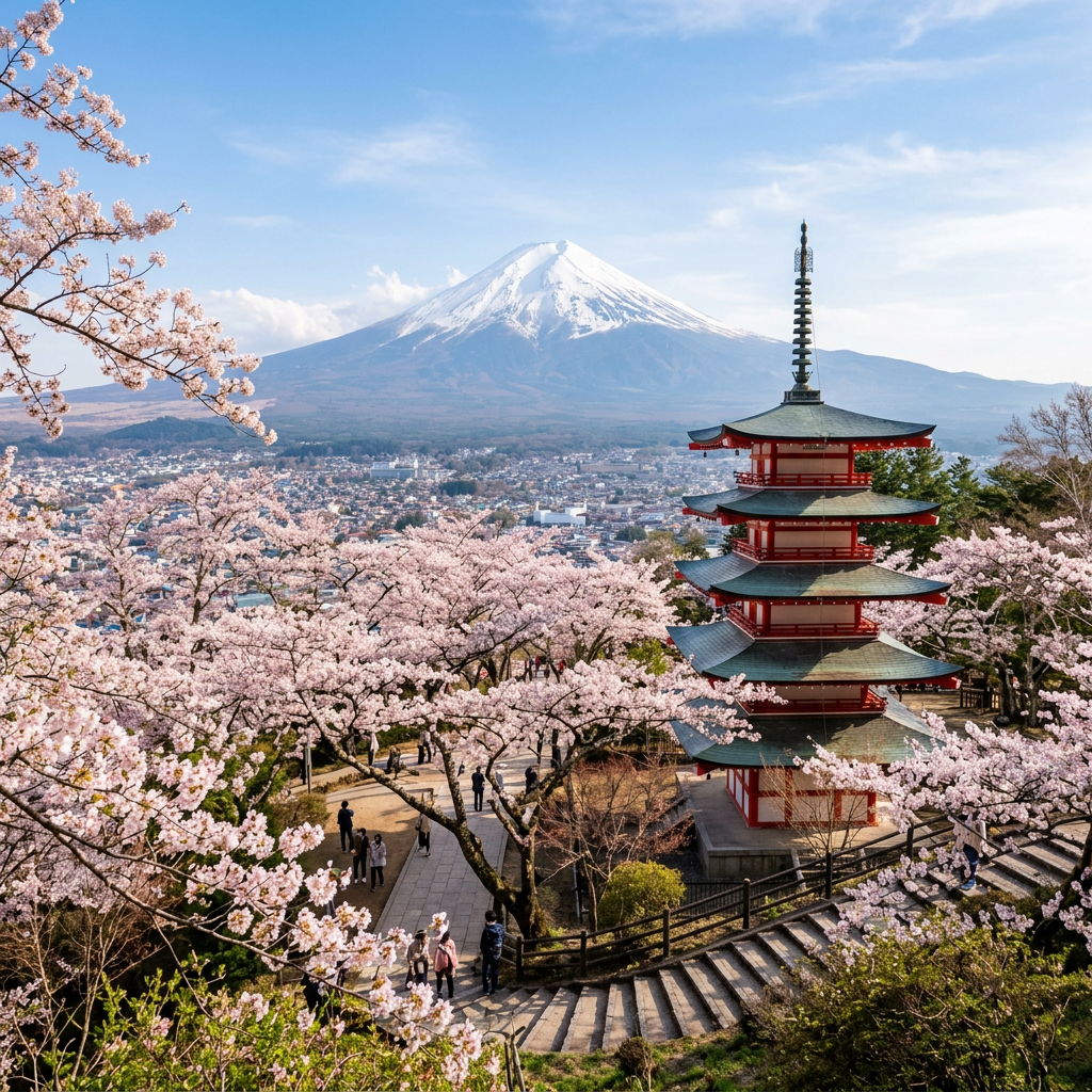 Five-story red pagoda surrounded by cherry blossoms with Mount Fuji behind