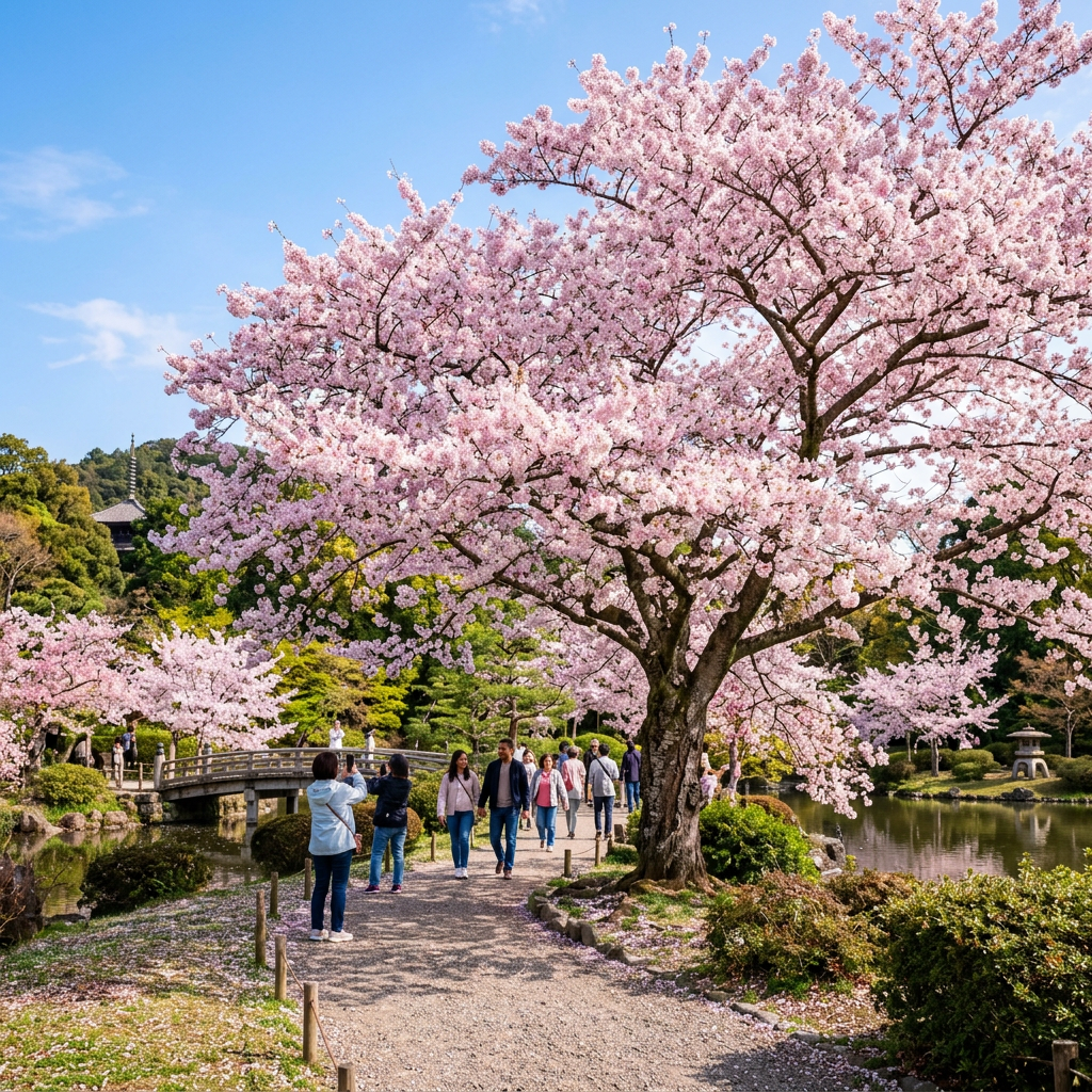 People walking on a path under large blooming cherry blossom trees by a pond in a Japanese garden