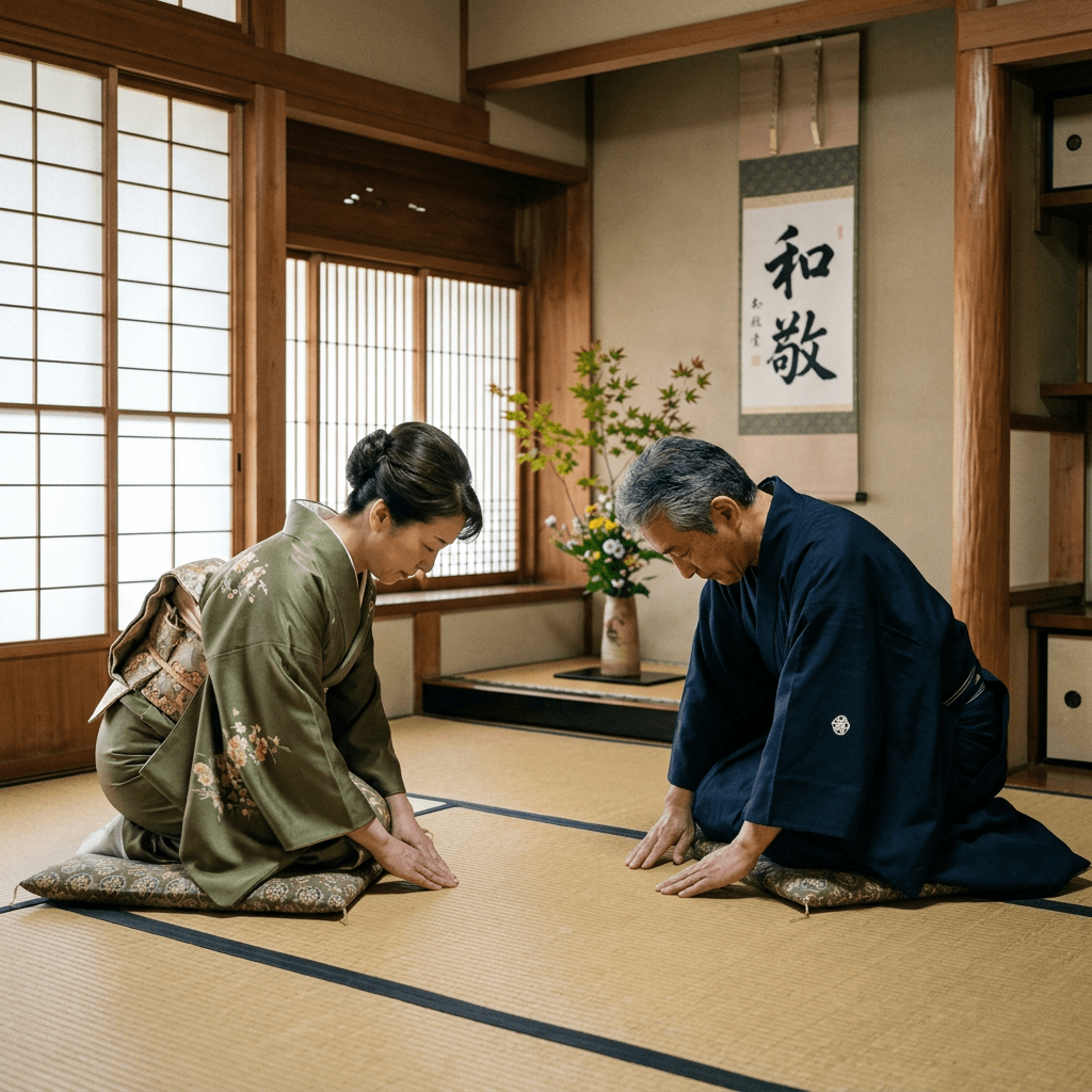Man and woman in kimono bowing on tatami mats inside a traditional Japanese room