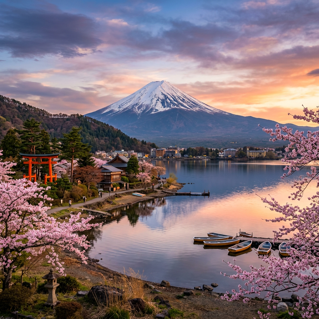Mount Fuji snow-capped mountain with lake and cherry blossoms at sunset